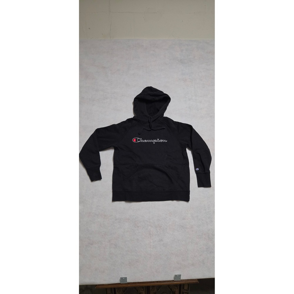 Champion Hoodie Size L Black Embroidered Logo Pullover Sweatshirt